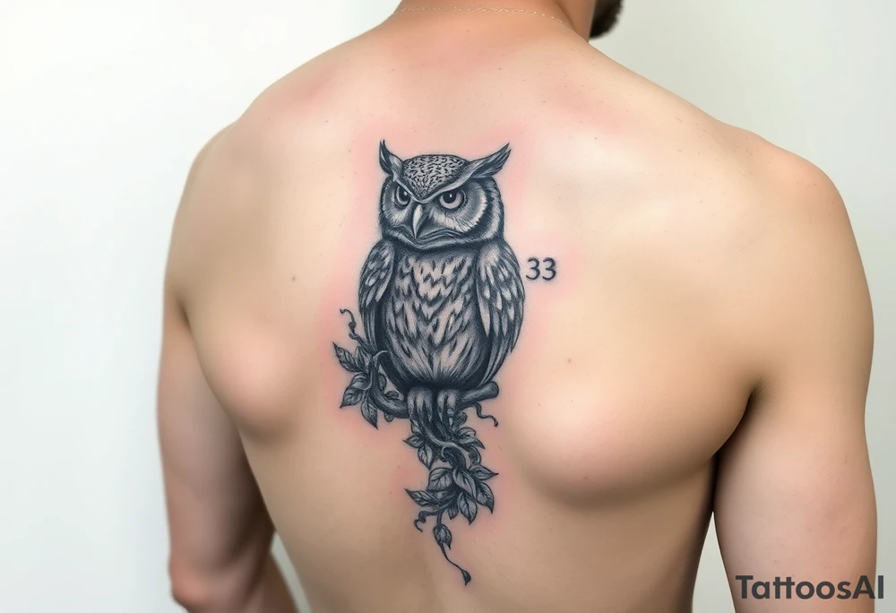 Upper arm tattoo of owl vine crawling upward and wrapping owl 333 incorporated with the owl and vine vine wrapping around the owl covering it tattoo idea