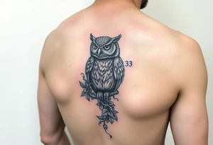 Upper arm tattoo of owl vine crawling upward and wrapping owl 333 incorporated with the owl and vine vine wrapping around the owl covering it tattoo idea