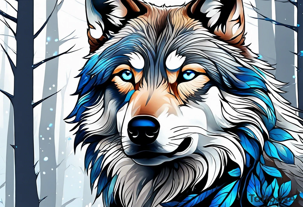 Blue eyed wolf in a forest tattoo idea