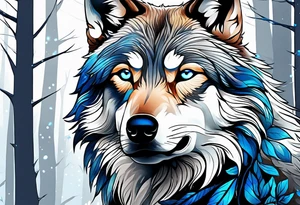 Blue eyed wolf in a forest tattoo idea