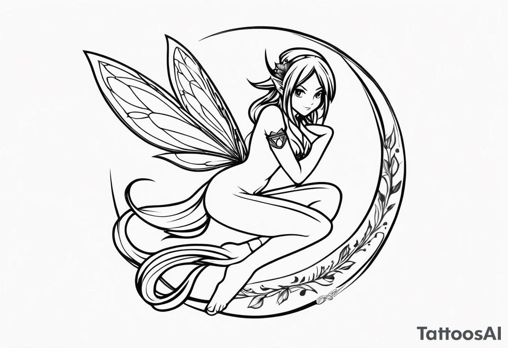 A fairy with a tail inspired by the logo of the show called Fairy Tail in a fetal position leaning in tattoo idea