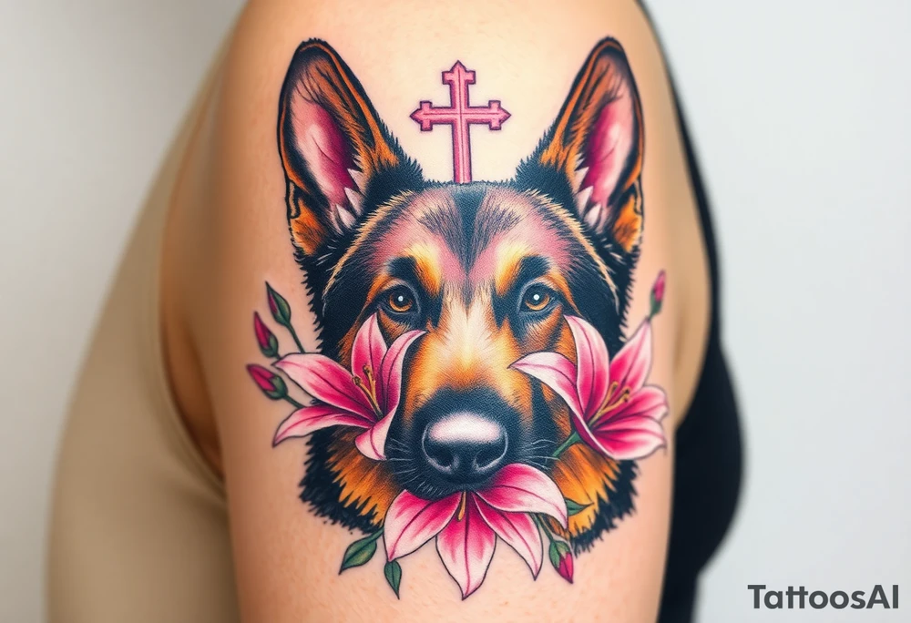 realistic german shepherd looking protective with pink lilies in front of a sacred heart tattoo idea