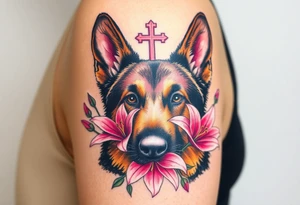 realistic german shepherd looking protective with pink lilies in front of a sacred heart tattoo idea