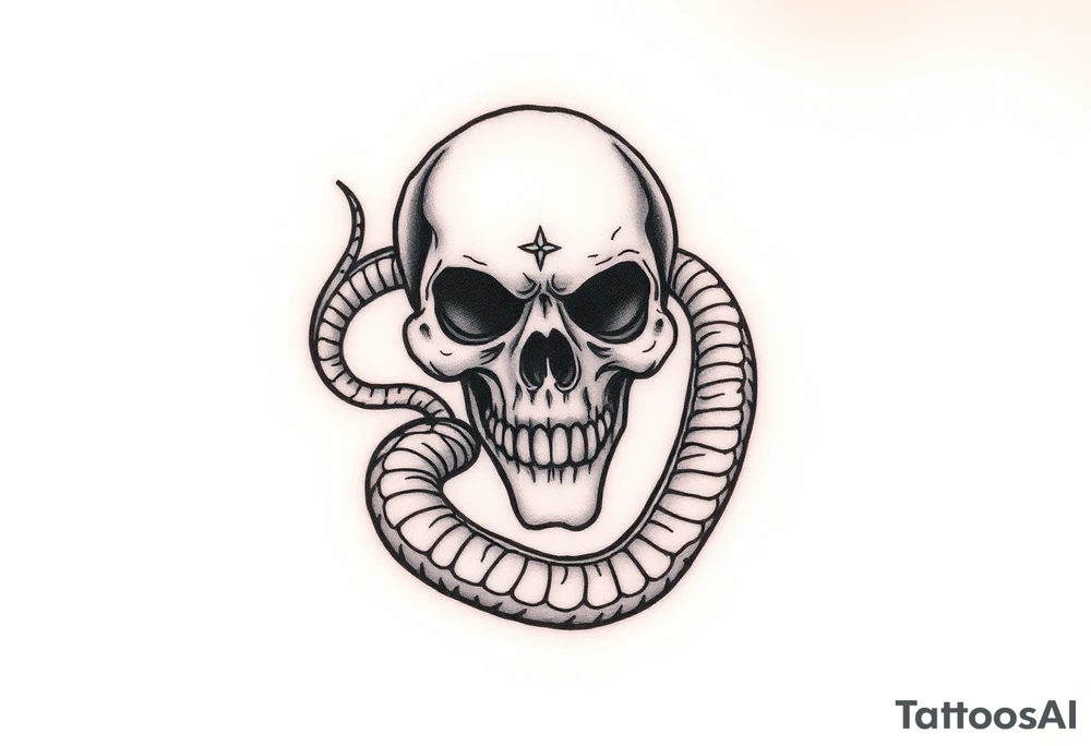 A hyper-realistic Dark Mark, with the snake slithering around the skull, coiled in a hypnotic pose tattoo idea