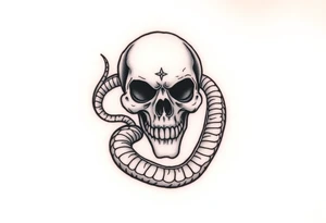 A hyper-realistic Dark Mark, with the snake slithering around the skull, coiled in a hypnotic pose tattoo idea