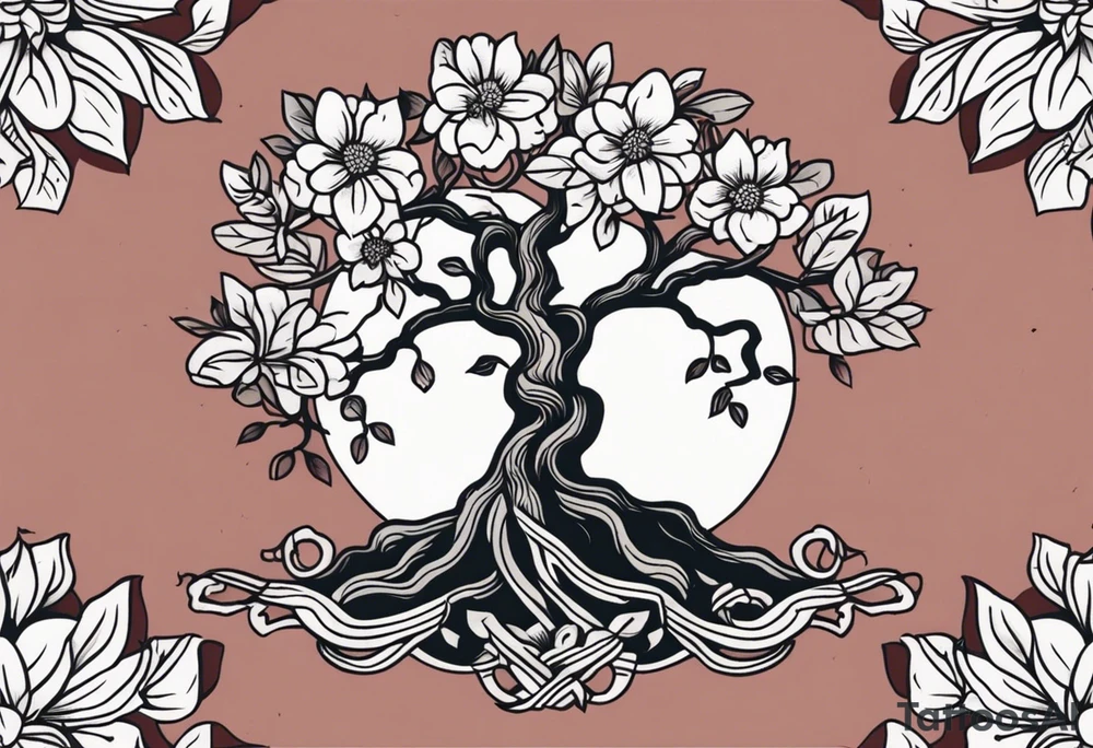 tree with roots 

old school vintage simple traditional design with vintage flowers surrounding
bold color simple tattoo idea
