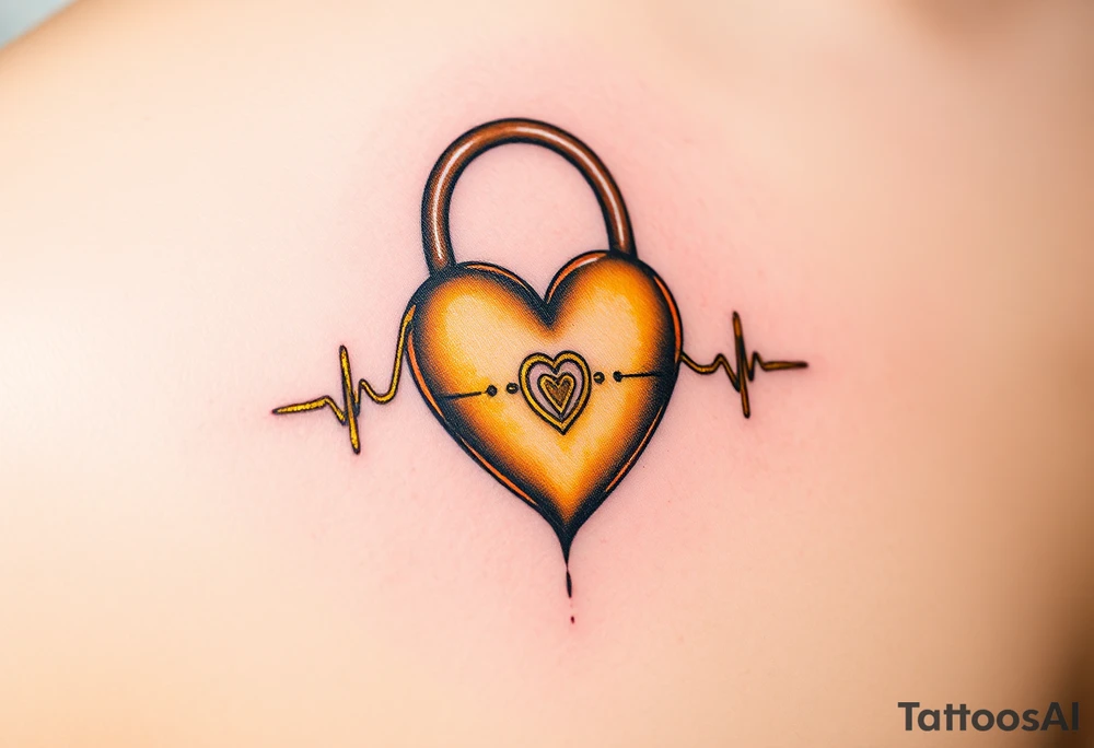 A heartbeat flowing into a heart lock, painted in golden yellow with metallic touches, symbolizing eternal commitment. tattoo idea