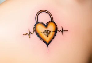 A heartbeat flowing into a heart lock, painted in golden yellow with metallic touches, symbolizing eternal commitment. tattoo idea