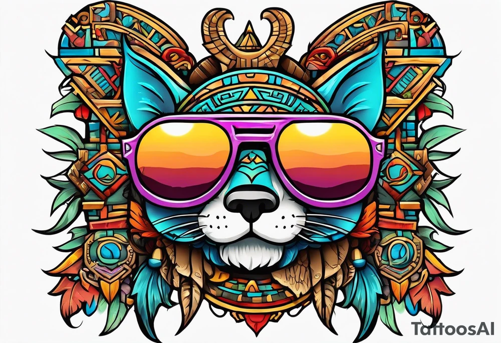 Colorful Mayan hieroglyph wearing sunglasses with bats and water tattoo idea