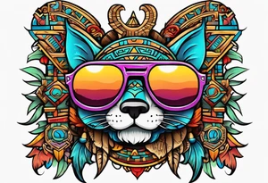 Colorful Mayan hieroglyph wearing sunglasses with bats and water tattoo idea