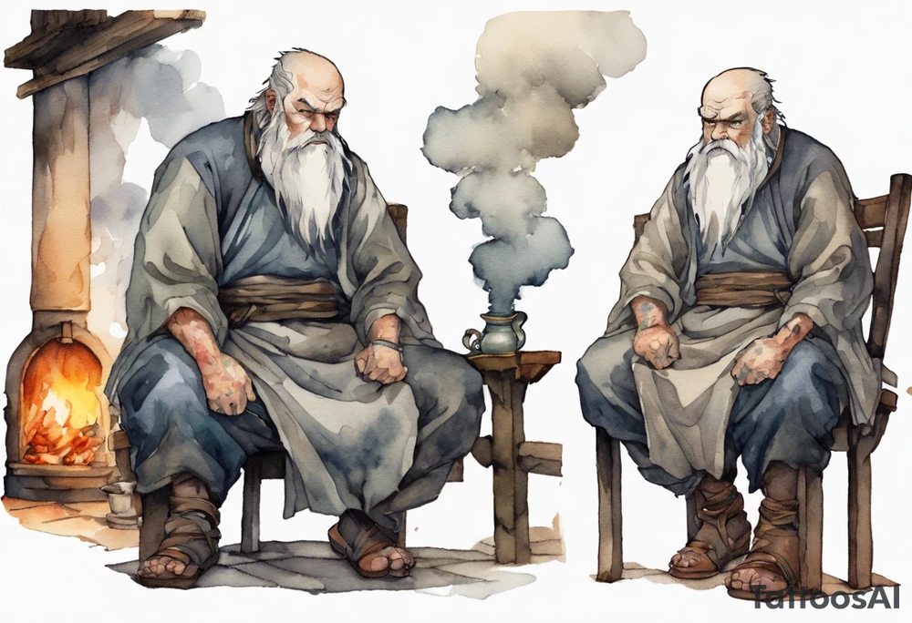 a large Medieval man with a grey beard scowling sitting by the hearth tattoo idea