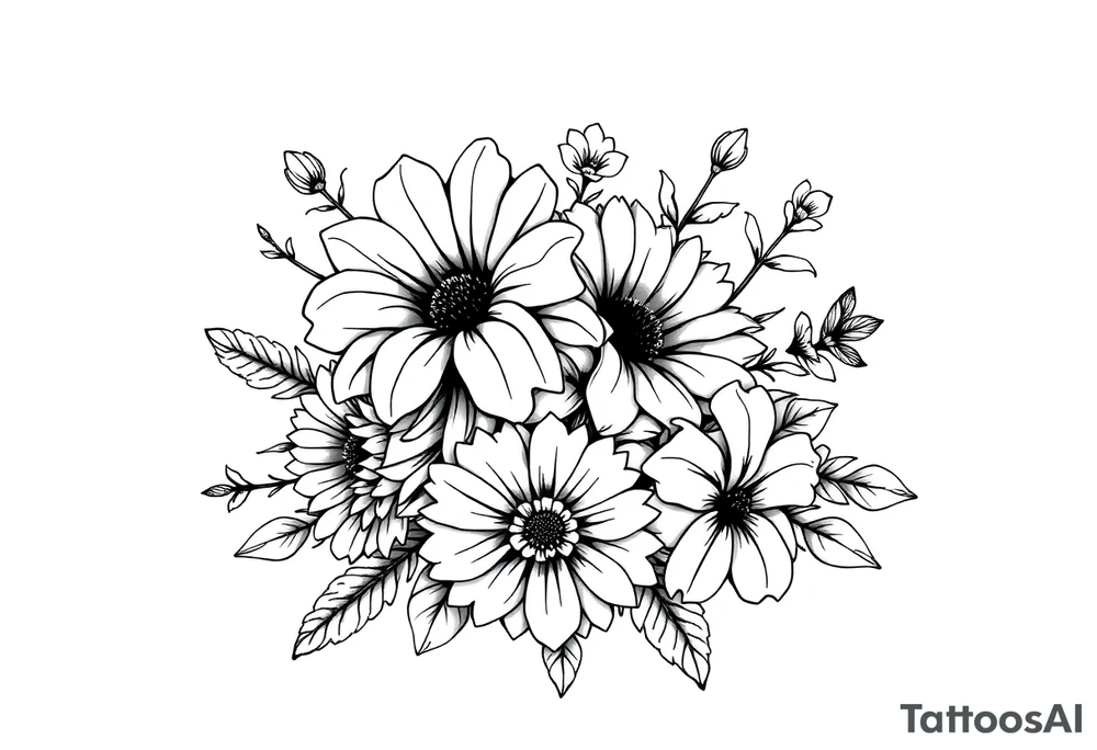 Honeysuckle, marigold, chrysanthemum, and violet bouquet tattoo idea