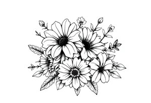 Honeysuckle, marigold, chrysanthemum, and violet bouquet tattoo idea