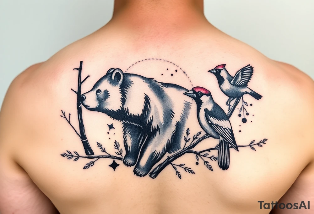 Woodland with a bear, woodpecker and cardinal tattoo idea