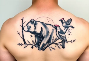 Woodland with a bear, woodpecker and cardinal tattoo idea