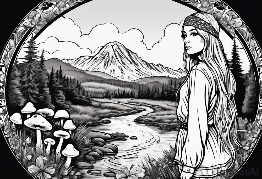 Whole picture encircled fully

Straight long blonde hair hippie girl in distance holding mushrooms in hand facing away toward mountains and creek surrounded by mushrooms long sleeve shirt and hiking pants; whole rendering within a full circle, no cut off circle tattoo idea
