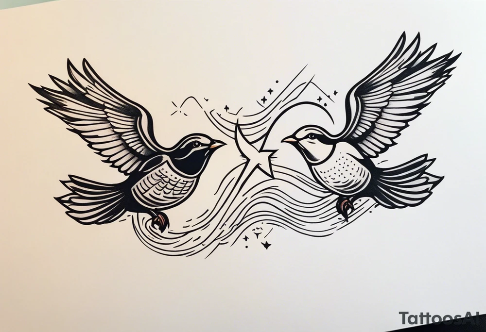 Two birds on forearm flying towards each other one below the other and up towards with a cross in between them tattoo idea