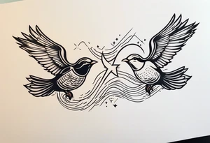 Two birds on forearm flying towards each other one below the other and up towards with a cross in between them tattoo idea