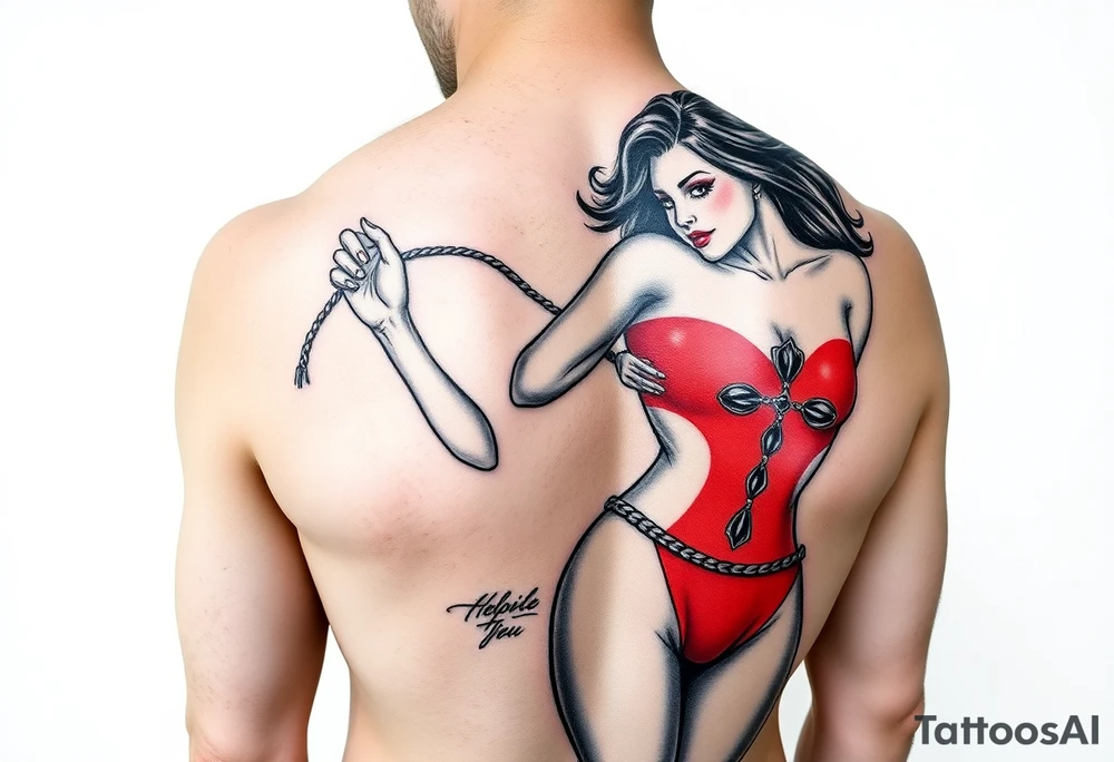 powerful female dominatrix in red latex catsuit with her submissive bound by rope tattoo idea