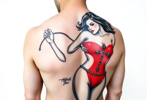 powerful female dominatrix in red latex catsuit with her submissive bound by rope tattoo idea