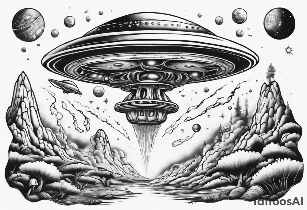 Trippy alien/ufo scene for a leg sleeve tattoo tattoo idea