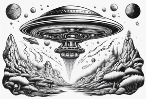 Trippy alien/ufo scene for a leg sleeve tattoo tattoo idea