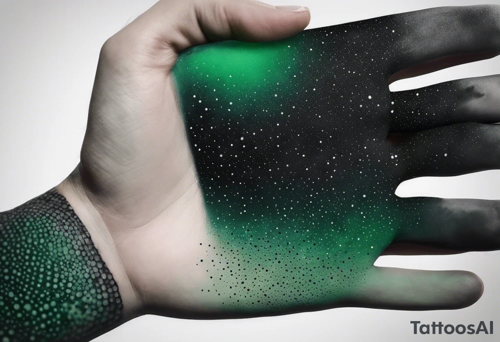 space, abstract, green and black, covered from wrist to forearm, fully covered, no borders, blackwork, no people tattoo idea