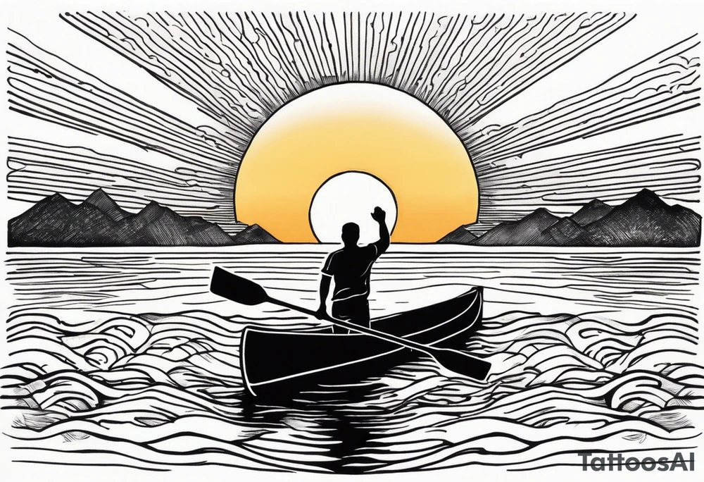 pictured from behind, average sized man with his arms fully extended straight out from chest level, standing on top of modestly sized canoe on the water with a sun above his head. tattoo idea