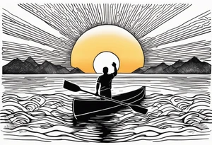 pictured from behind, average sized man with his arms fully extended straight out from chest level, standing on top of modestly sized canoe on the water with a sun above his head. tattoo idea