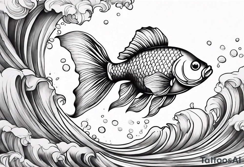 “Create a delicate tattoo of a goldfish swimming in a wave, emphasizing its flowing fins and graceful movement. tattoo idea