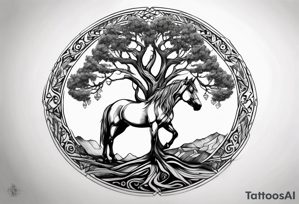 Realistic Horse and Yggdrasil tree tattoo idea