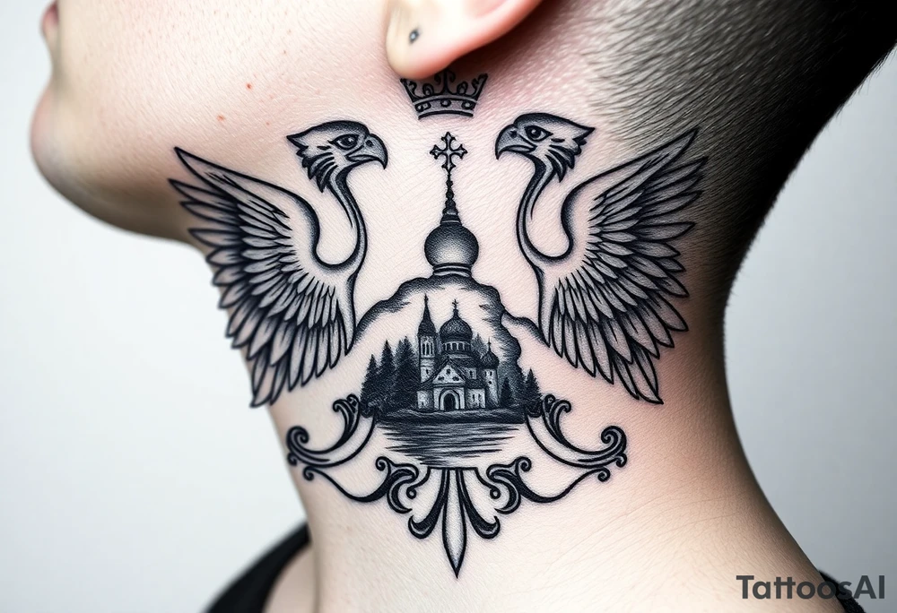 Traditional authentic Russian coat of arms with double headed eagle & a well shaded Christian orthodox Virgin Mary in the middle with silhouette of a lake in a Russian wilderness Christian orthodoxy dome church village setting on the side of my neck tattoo idea