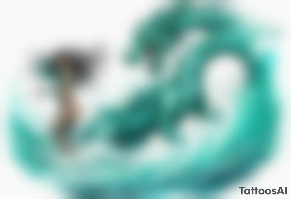 a beautiful turquoise dragon woman emerging from an ocean wave, crashing onto the shore tattoo idea