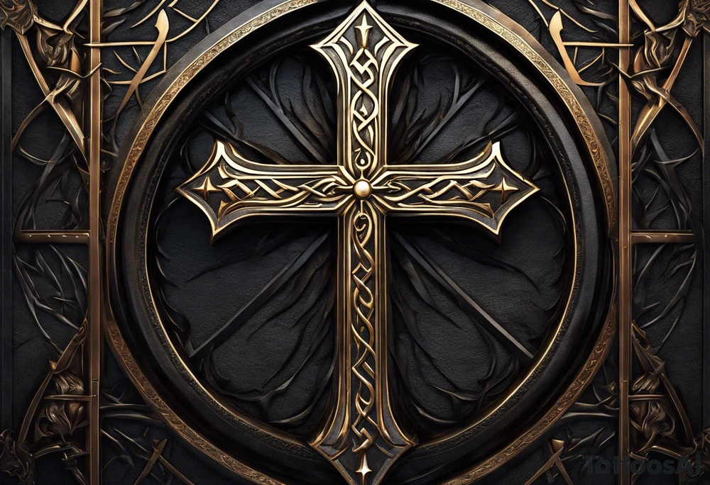 1. The Christian cross with a sharp lower end embedded into the ground represents strength and stability.
2. Roots growing from the cross symbolize growth, resilience, and connection to one's beliefs.
3. The dragon wings on either side add a sense of mysticism and power, suggesting protection and guidance.
4. The eyeball in the middle of the cross could symbolize vigilance, spiritual insight, or the all-seeing eye of God. tattoo idea