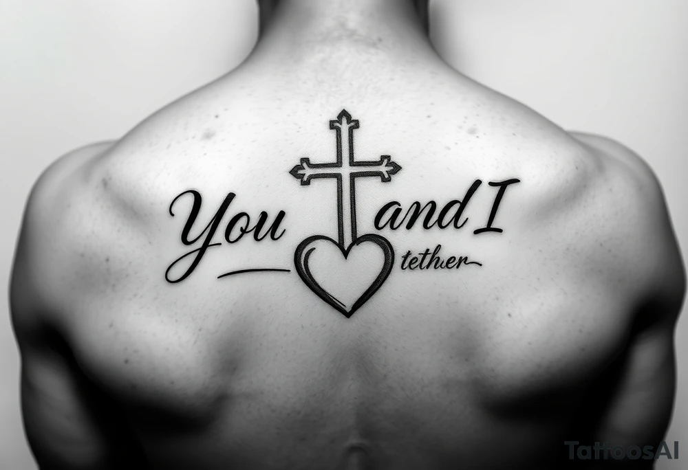 "You and I together" with a cross and a heart integrated into the design tattoo idea