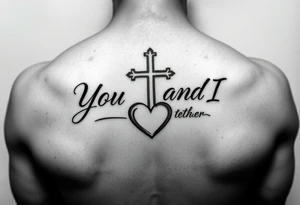 "You and I together" with a cross and a heart integrated into the design tattoo idea