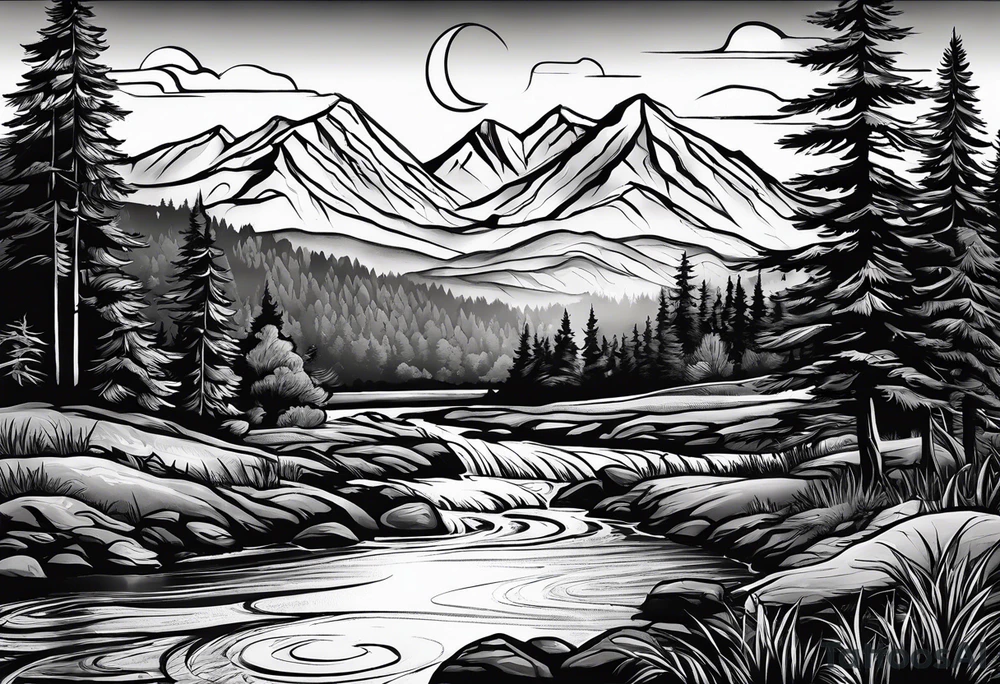 Mountain scene with a river with a subtle peace sign. Use IT IS WELL written in the scene tattoo idea