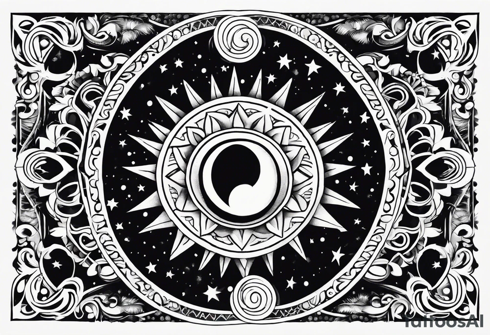 Mexican Sun and moon sternum swirls and dots and stars tattoo idea