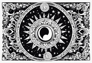 Mexican Sun and moon sternum swirls and dots and stars tattoo idea