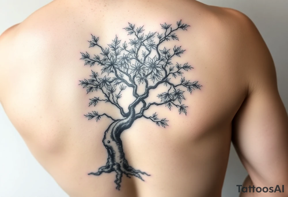 japanese maple tree as a side tattoo that goes into a chest piece and a left arm sleeve with the roots being below the waste line tattoo idea