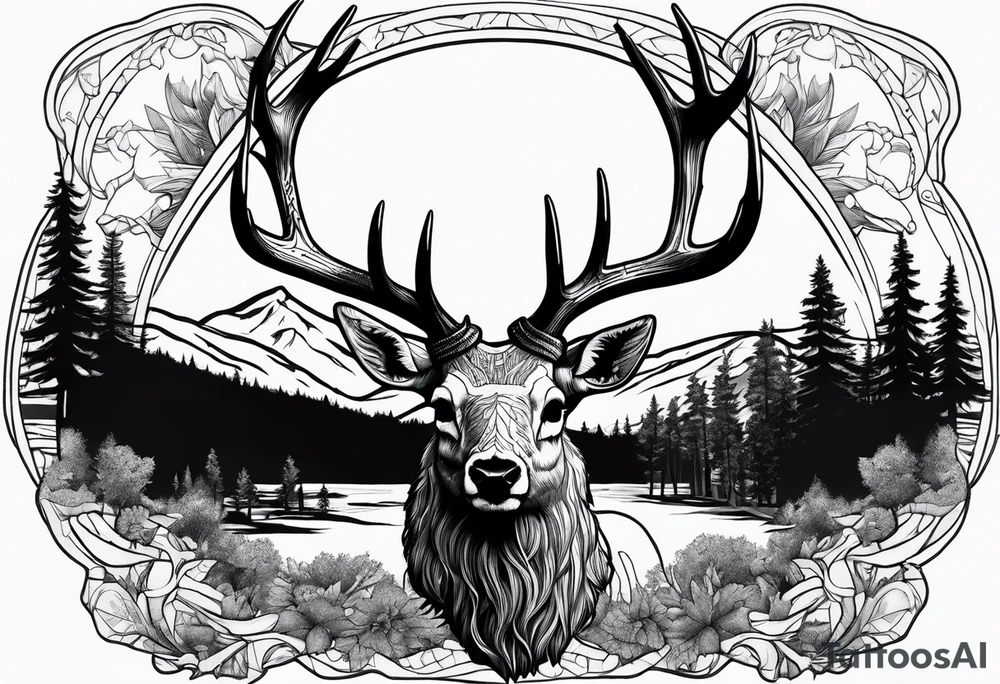elk skull with mountains and trees tattoo idea