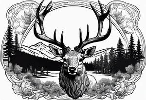 elk skull with mountains and trees tattoo idea