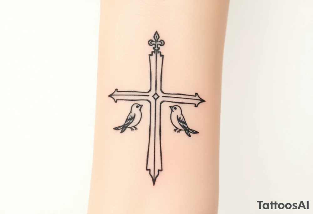 Weathered cross with 4 birds tattoo idea