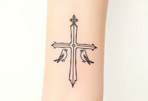 Weathered cross with 4 birds tattoo idea