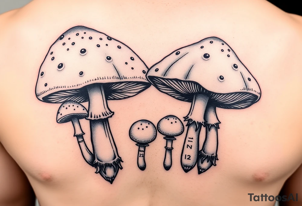 Psychedelic mushrooms two big four small with the stems of the small ones being their birth date which is 8/3/18, /9/10/21, 11/18/22 and 1/20/25. More color tattoo idea