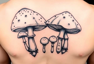 Psychedelic mushrooms two big four small with the stems of the small ones being their birth date which is 8/3/18, /9/10/21, 11/18/22 and 1/20/25. More color tattoo idea