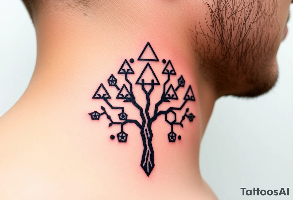 A geometric family tree with interconnected triangles and hexagons, reflecting the strong foundation of ancestry tattoo idea