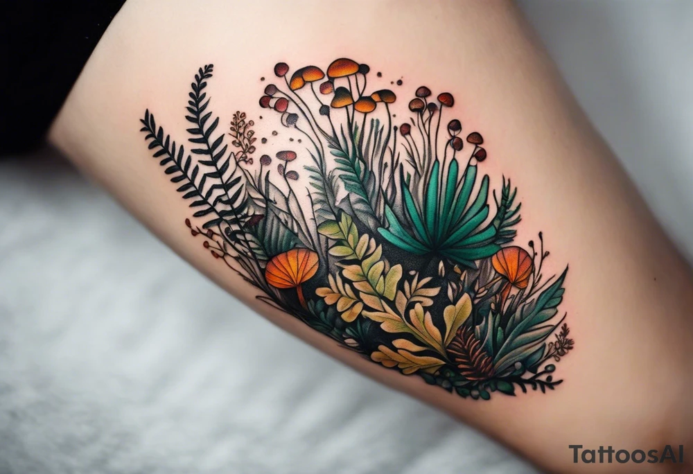 minimalistic forest floor inspired tattoo, which includes grass, moss, curly ferns and dead leaves as the bulk of the tattoo. details to include: forest berries, couple of very small brown mushrooms, a tiny bumblebee flying nearby tattoo idea