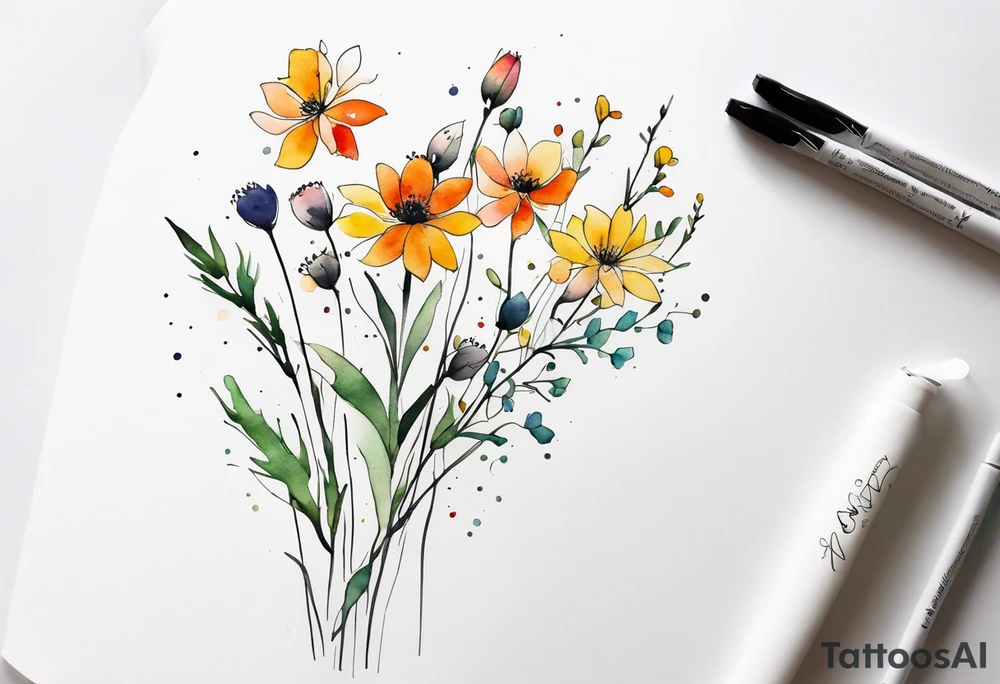 wild flowers long stems bouquet all watercolor tattoo idea
