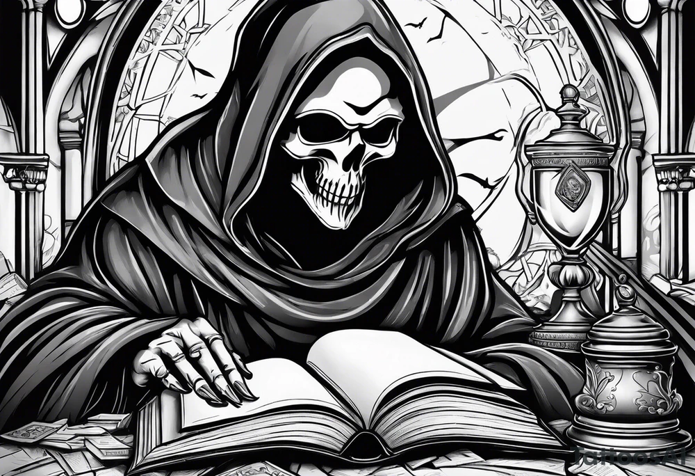 grim reaper reading books tattoo idea